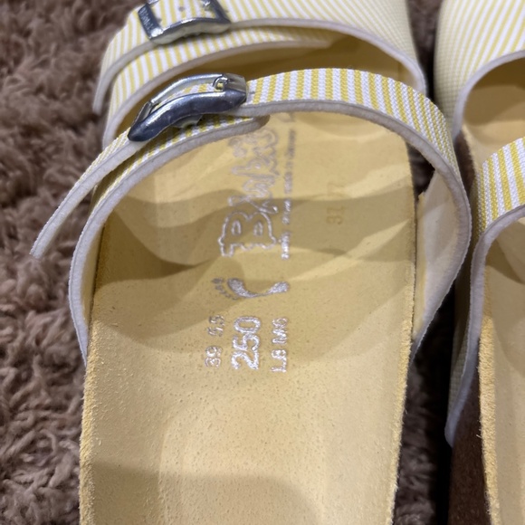 Birki's by Birkenstock Aziza Yellow & White Stripes Double Strap Slides Sandals - Picture 7 of 13